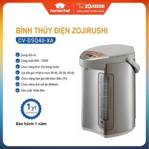 Bình thủy điện Zojirushi CV-DSQ40-XA 4L - 720W, Chế độ giữ nhiệt thông minh, Sang trọng và Tiết kiệm điện, Sản xuất Nhật Bản