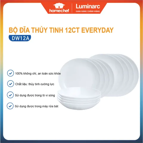 Bộ đĩa thủy tinh Luminarc Diwali 12 chiếc - Lò vi sóng, máy rửa bát, thiết kế sang trọng, chịu nhiệt, bền đẹp cho ăn uống hàng ngày