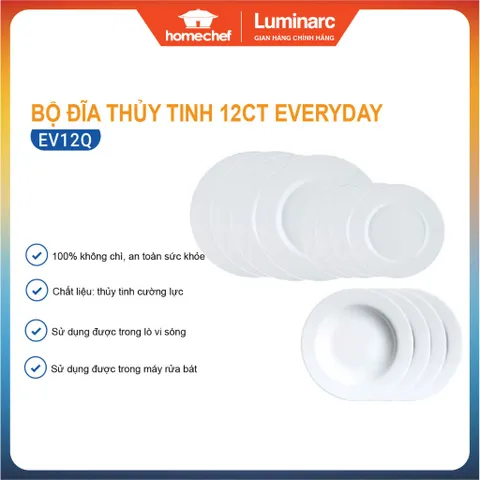 Bộ đĩa thủy tinh Luminarc Everyday 12 chi tiết EV12Q - An toàn với lò vi sóng và máy rửa bát, Thiết kế hiện đại cho không gian bếp