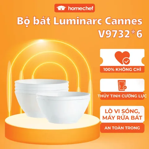 Bộ 6 bát tô thủy tinh Luminarc Cannes 18cm V9732*6, dùng lò vi sóng, máy rửa bát