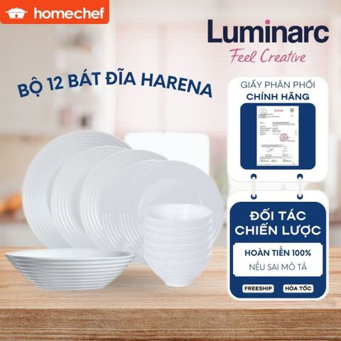 Bộ Bát Đĩa Thủy Tinh Luminarc Harena 12 Món - An Toàn Với Lò Vi Sóng, Bền Bỉ, Chống Xước - Quà Tặng Thực Dụng