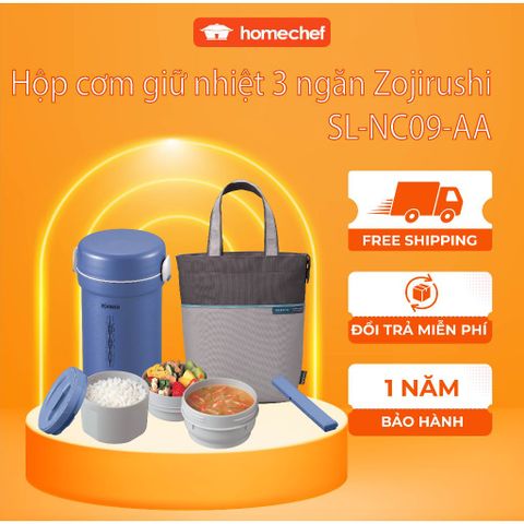 Hộp cơm giữ nhiệt 3 ngăn Zojirushi SL-NC09-AA 0.84L - Thép không gỉ, an toàn, tiện lợi cho văn phòng và dã ngoại, bảo hành 1 năm