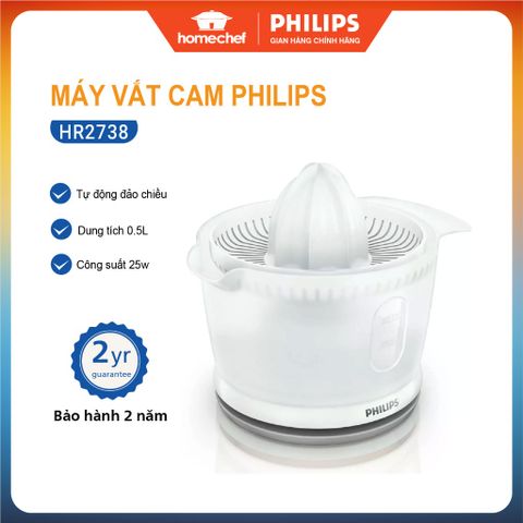 Máy Vắt Cam Philips HR2738 - Công Suất 25W, Dung Tích 0.5 Lít, Thiết Kế Tiện Lợi, Bảo Hành 2 Năm, Hàng Chính Hãng