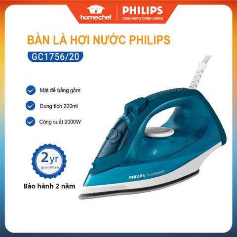 Bàn là hơi nước cầm tay Philips GC1756 - Công suất 2000W, phun hơi tự động, nhỏ gọn, bảo hành 2 năm, ủi dễ dàng mọi loại vải
