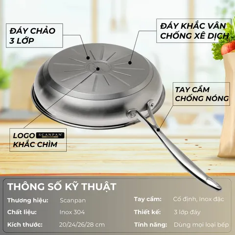 Chảo inox 304 cao cấp Scanpan Impact dùng bếp từ, đáy 3 lớp, size 20/24/26/28cm, dùng máy rửa bát