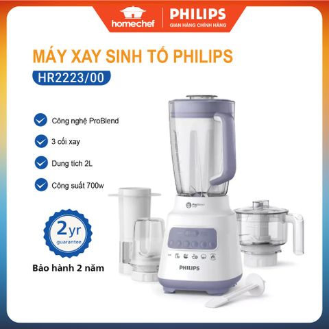 Máy Xay Sinh Tố Philips HR2223, Dung Tích 2L, Công Suất 700W, 3 Cối Xay, Công Nghệ ProBlend Crush, Bảo Hành 2 Năm