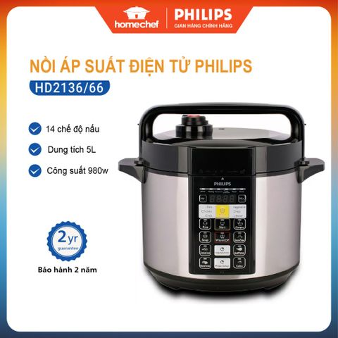 Nồi áp suất điện tử Philips HD2136 5L - Công suất 900W, menu nấu 14 món tiện lợi, bảo hành 2 năm, an toàn tiết kiệm thời gian nấu ăn.