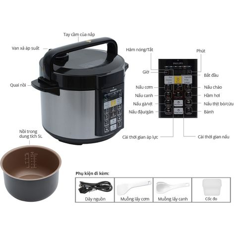 Nồi áp suất điện tử Philips HD2136 5L - Công suất 900W, menu nấu 14 món tiện lợi, bảo hành 2 năm, an toàn tiết kiệm thời gian nấu ăn.