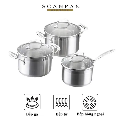 Bộ 3 Nồi Inox Scanpan Impact Cao Cấp 16/18/20cm - Dùng Bếp Từ, Máy Rửa Bát - Thiết Kế Sang Trọng, Chịu Nhiệt Tốt