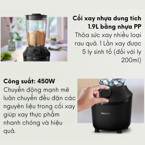 Máy xay sinh tố Philips HR2041/50 - Dung tích 1L, Công suất 450W, 3 cối xay đa năng, Bảo hành 2 năm, Hàng chính hãng