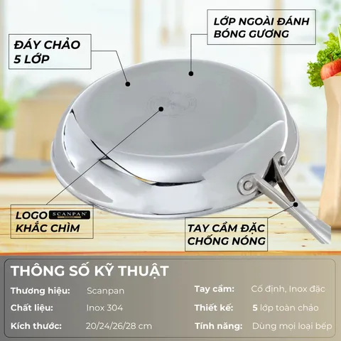 Chảo Inox 304 Scanpan Impact 26cm, Đáy 3 Lớp, An Toàn Cho Bếp Từ, Dễ Dàng Vệ Sinh, Phù Hợp Với Máy Rửa Bát
