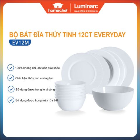 Bộ bát đĩa thủy tinh Luminarc Everyday 12 món EV12M - Dùng lò vi sóng, máy rửa bát, sang trọng và bền bỉ, hàng chính hãng