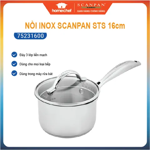 Nồi Inox Đáy Liền Scanpan STS 16cm - Dung Tích 1.8L, Thiết Kế Sang Trọng, Phù Hợp Tất Cả Bếp, An Toàn Máy Rửa Bát