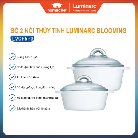 Bộ 2 nồi thủy tinh Luminarc Blooming 1L+2L - LVCF6P3, dùng bếp ga, hồng ngoại, sản xuất tại Pháp | Hàng chính hãng