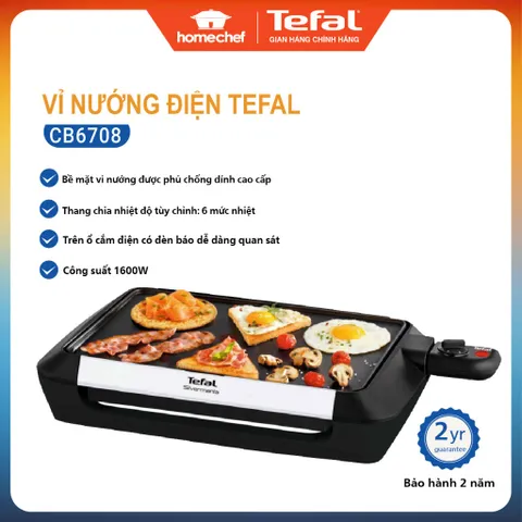 Vỉ Nướng Điện Tefal CB6708 Không Khói, Công Suất 1600W, 6 Mức Nhiệt, Dùng Máy Rửa Bát, Bảo Hành 2 Năm - Đồ Gia Dụng Nhà Bếp Chính Hãng