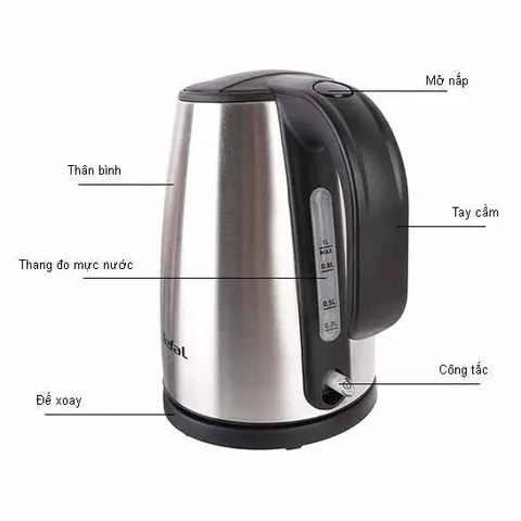 Bình đun siêu tốc Tefal KI197 1L 2000W - Thiết kế inox sang trọng, tự động ngắt, đèn báo sôi, bảo hành 2 năm, hàng chính hãng