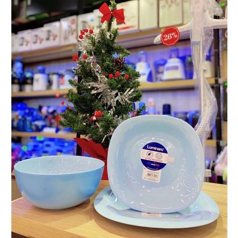 Set 04 Đĩa Thủy Tinh Luminarc Xanh Dương Carine 27cm và 21cm - An Toàn Dùng Lò Vi Sóng và Máy Rửa Bát
