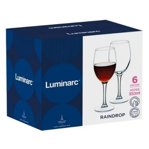 Bộ ly rượu vang Luminarc Raindrop 6 chiếc H5702 - Thủy tinh cao cấp 350ml, sang trọng cho tiệc tùng, an toàn cho sức khỏe