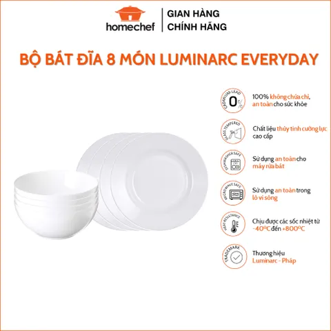Bộ bát đĩa thủy tinh Luminarc DW8B - Gồm 4 tô và 4 đĩa sâu lòng, chất liệu cường lực, an toàn lò vi sóng, cao cấp, sang trọng