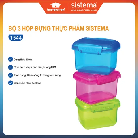 Hộp nhựa đựng thực phẩm Sistema 400ml - An toàn không BPA, dùng lò vi sóng, chính hãng New Zealand - Bộ 3 hộp tiện lợi cho bếp