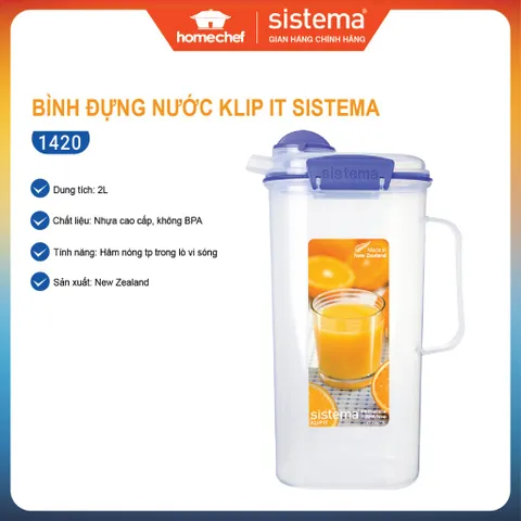 Bình Đựng Nước Sistema Klip It 2L - Nhựa An Toàn Không BPA, Chịu Nhiệt, Thiết Kế Gọn Nhẹ, Chính Hãng New Zealand