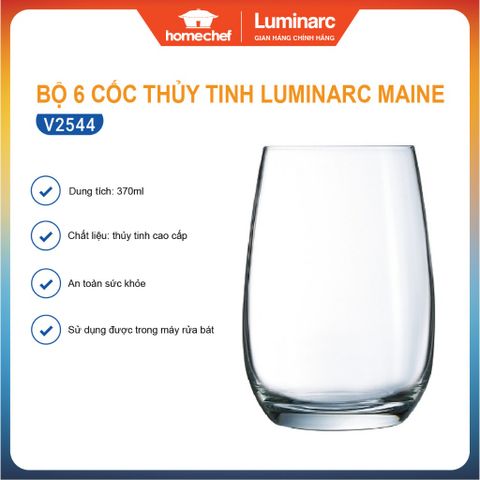 Bộ 6 Cốc Thủy Tinh Luminarc Maine V2544 370ml - Sang Trọng, Chịu Nhiệt, Dùng Cho Máy Rửa Bát, Hàng Chính Hãng Pháp
