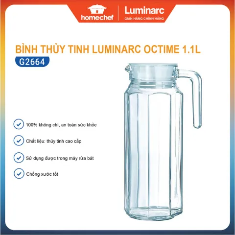 Bình thủy tinh Luminarc Octime 1.1L trong suốt, thiết kế hiện đại, an toàn cho máy rửa bát, hàng chính hãng G2664