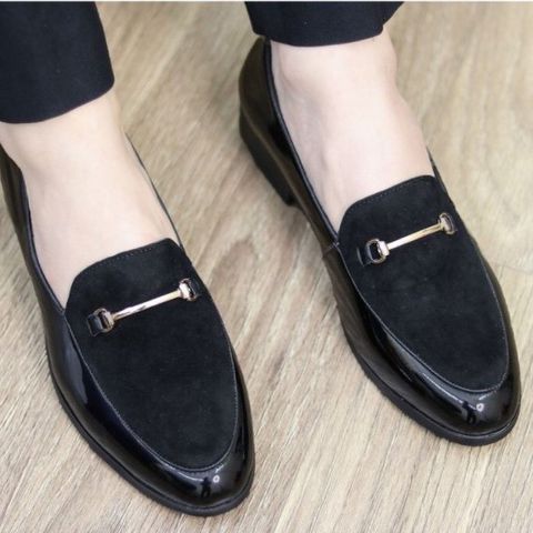 Giày Lười Nam Da PU Cao Cấp Hàn Quốc - Giày Tây Công Sở Đen Có Băng Xích Vàng, Thời Trang Lịch Lãm, Dễ Dàng Phối Đồ