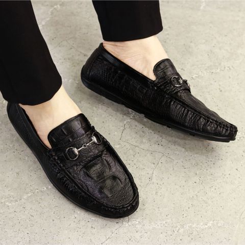 Giày Mọi Nam Mocasin Da PU Cao Cấp Đen - Giày Lười Họa Tiết Cá Sấu Thoải Mái Chống Trơn Trượt RUNO G31 Tiệc Hay Đi Làm