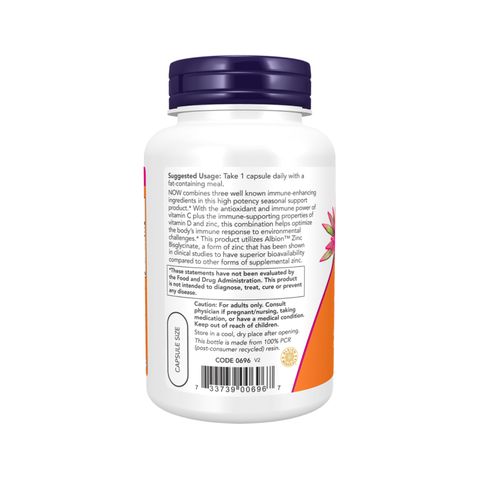 Viên Uống Kẽm Bisglycinate Vitamin D3 + C NOW Foods - Tăng Cường Đề Kháng Toàn Diện, Hộp 100 Viên Nhộng từ Mỹ