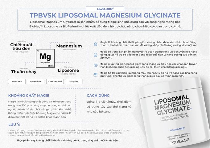 Viên Bổ Sung Magie Codeage Liposomal Magnesium Glycinate - Hỗ Trợ Cơ, Thần Kinh và Hệ Miễn Dịch, 240 Viên Nén Không GMO, Thuần Chay