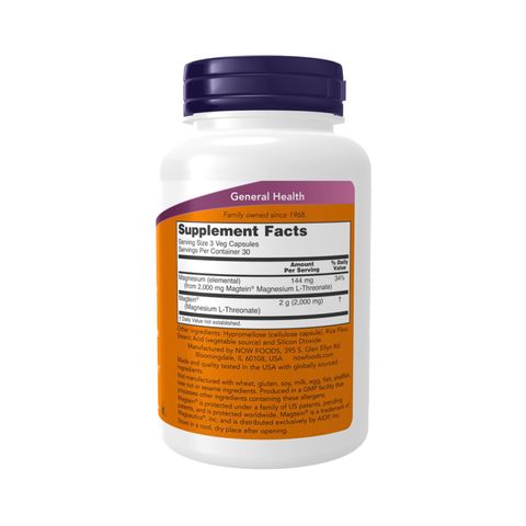 Viên Uống Bổ Sung Magie Hữu Cơ - Nhập Mỹ NOW Magtein Magnesium L-Threonate Bổ Não, Tăng Cường Nhận Thức, Trí Nhớ, Tập Trung, Hỗ Trợ Giấc Ngủ Sâu - Hộp 90 Viên Nhộng 