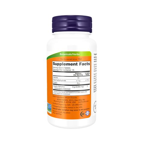 Viên Uống Tảo Xoắn Hữu Cơ Now Foods Spirulina - Siêu Thực Phẩm Chống Oxy Hóa Tăng Cường Sức Khỏe, Hộp 100-200 Viên