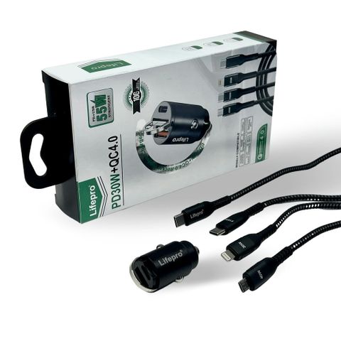 Bộ Dây Sạc 3in1 Lifepro L838 + Củ Sạc Nhanh PD3.0/QC4.0 Cho Ô Tô, Tích Hợp Hai Cổng Type-C và USB, Công Suất 55W