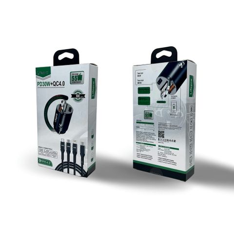 Bộ Dây Sạc 3in1 Lifepro L838 + Củ Sạc Nhanh PD3.0/QC4.0 Cho Ô Tô, Tích Hợp Hai Cổng Type-C và USB, Công Suất 55W