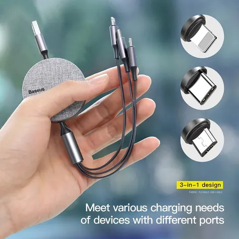 Cáp Sạc Nhanh Baseus Dây Rút 3 Trong 1 USB 1.2M (Xám Ghi)