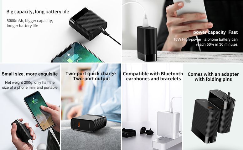 Củ Sạc Nhanh Kiêm Pin Dự Phòng 5000mAh Baseus BS-CHT901 2 Trong 1 - Sạc Điện Thoại, Du Lịch Tiện Lợi, Công Suất 15W
