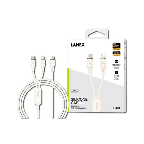 Dây Sạc Nhanh Ô Tô LANEX LS46T 2 in 1 PD65W (Type-C + Lightning) - Chất Liệu Silicone Chống Đứt, Rối, Bảo Hành 1 Năm