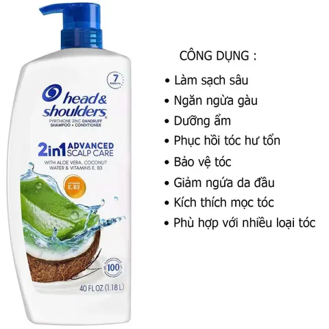 Dầu Gội Head and Shoulders 2-in-1 Advanced Scalp Care 1.18 Lít - Chống Gàu, Dưỡng Tóc Mềm Mượt Với Aloe Vera và Coconut Water