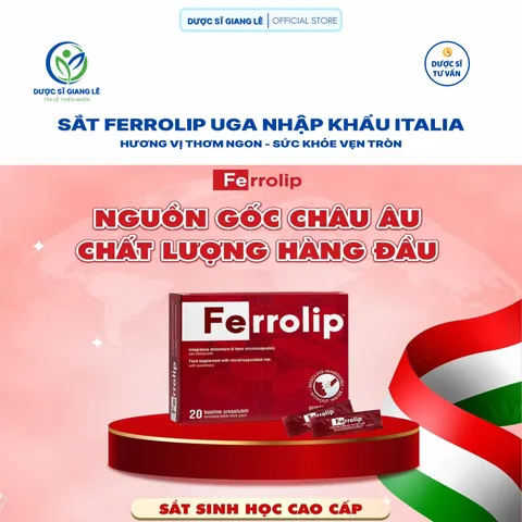 Sắt Bột Ferrolip UGA - Nhập Khẩu Italia, Dạng Tan Ngay Trong Miệng, Bổ Sung Sắt Cho Bà Bầu & Người Thiếu Máu, Hộp 20 Gói