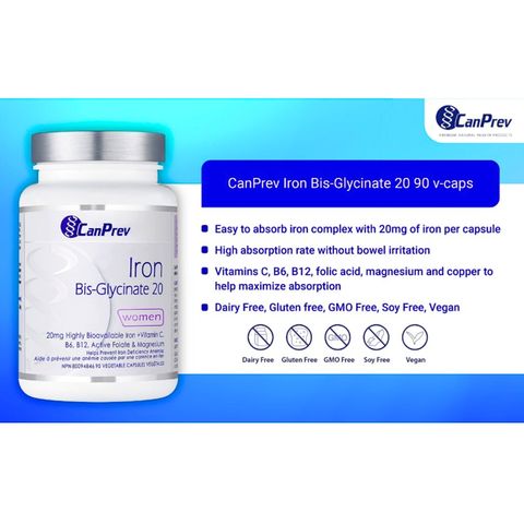 Viên Uống Sắt Iron Bisglycinate CanPrev - Hỗ Trợ Giảm Căng Thẳng, Cải Thiện Hệ Tuần Hoàn, Ngăn Ngừa Thiếu Máu (Hộp 90 Viên)