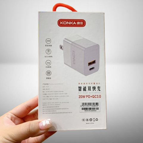 Củ Sạc Nhanh Konka 20W - 2 Cổng PD + QC3.0, Sạc Siêu Tốc An Toàn Cho iPhone, Samsung, iPad - Tặng Miếng Dán Cường Lực