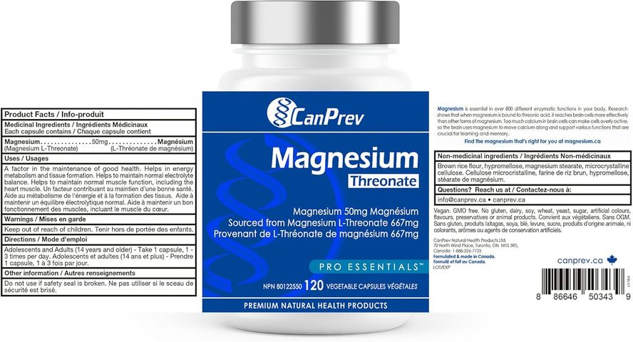 Viên Uống Magnesium L-Threonate CanPrev 120 viên - Hỗ Trợ Tăng Cường Nhận Thức, Giảm Căng Thẳng, Từ Canada