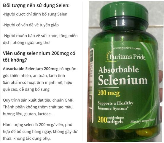 Viên uống Selen hấp thu 200mcg Puritan's Pride 200 viên - Tăng cường miễn dịch, hỗ trợ chức năng tuyến giáp từ Mỹ