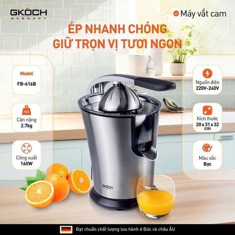 Máy Vắt Cam Cao Cấp GKÖCH Germany - Công Suất 160W, Thiết Kế Thông Minh, Inox 304 Dễ Vệ Sinh, Tiện Lợi Tại Nhà