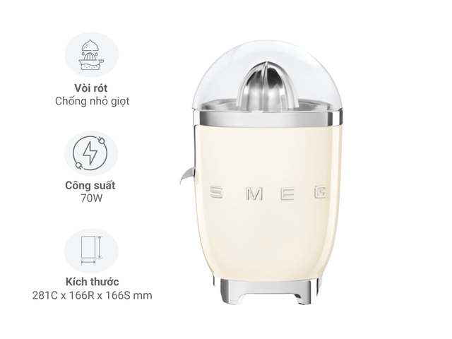 Máy Vắt Cam SMEG CJF11CREU - Thiết Kế Đẹp, Công suất 70W, Lành Mạnh với Thép Không Gỉ, Tiện Lợi Cho Thức Uống Tươi Mát