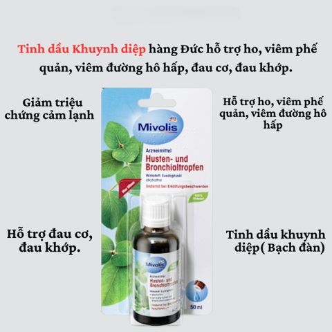 Tinh Dầu Khuynh Diệp Mivolis 50ml - Hỗ Trợ Ho, Viêm Phế Quản, Đau Cơ - Hàng Đức, Tinh Dầu Xông Phòng Thiên Nhiên