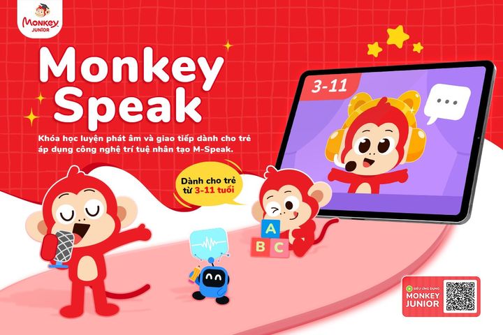 Học tiếng Anh Monkey Speak - Hỗ trợ luyện phát âm và giao tiếp cho trẻ em bằng công nghệ AI M-Speak đa dạng và hiệu quả.