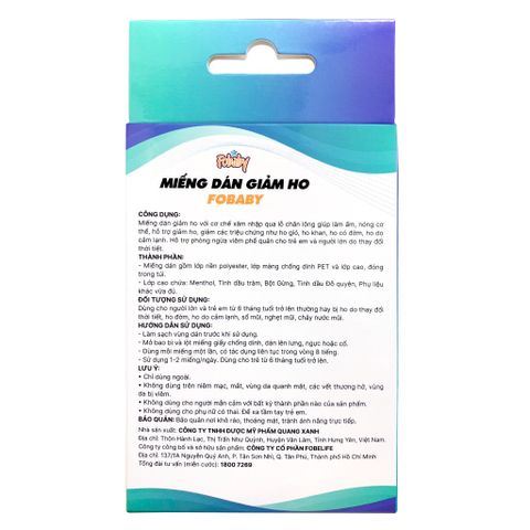 Miếng Dán GIẢM HO Tinh Dầu Tràm Fobaby Fobe Cho Trẻ Nhỏ N1 - Hộp 6 Miếng
