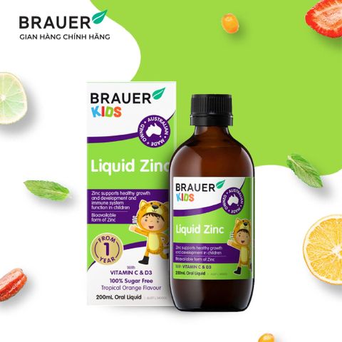Siro Hỗ Trợ Biếng Ăn BRAUER ZinC Cho Trẻ Từ 1 Tuổi - Kẽm, Vitamin D3, C, 200ml
